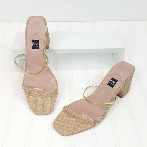 ZAC Zac Posen  US 9.5  Block Heels Saint Slide Sandals in Cashew Fabric - Picture 3 of 10